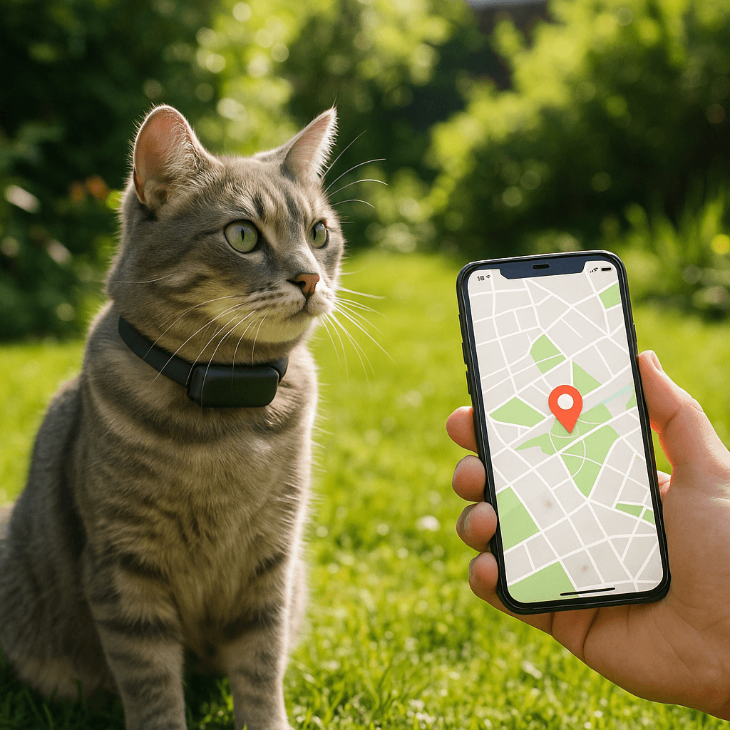 Cat wearing GPS tracker collar while owner checks live location in 2025.