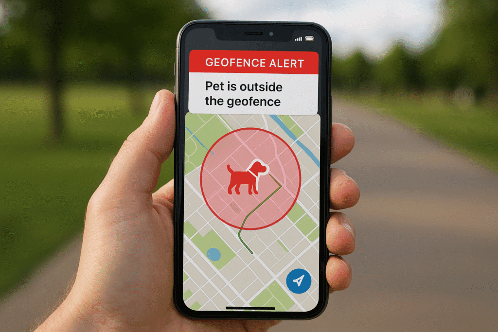 Live pet-tracking app showing location and geofence alert.