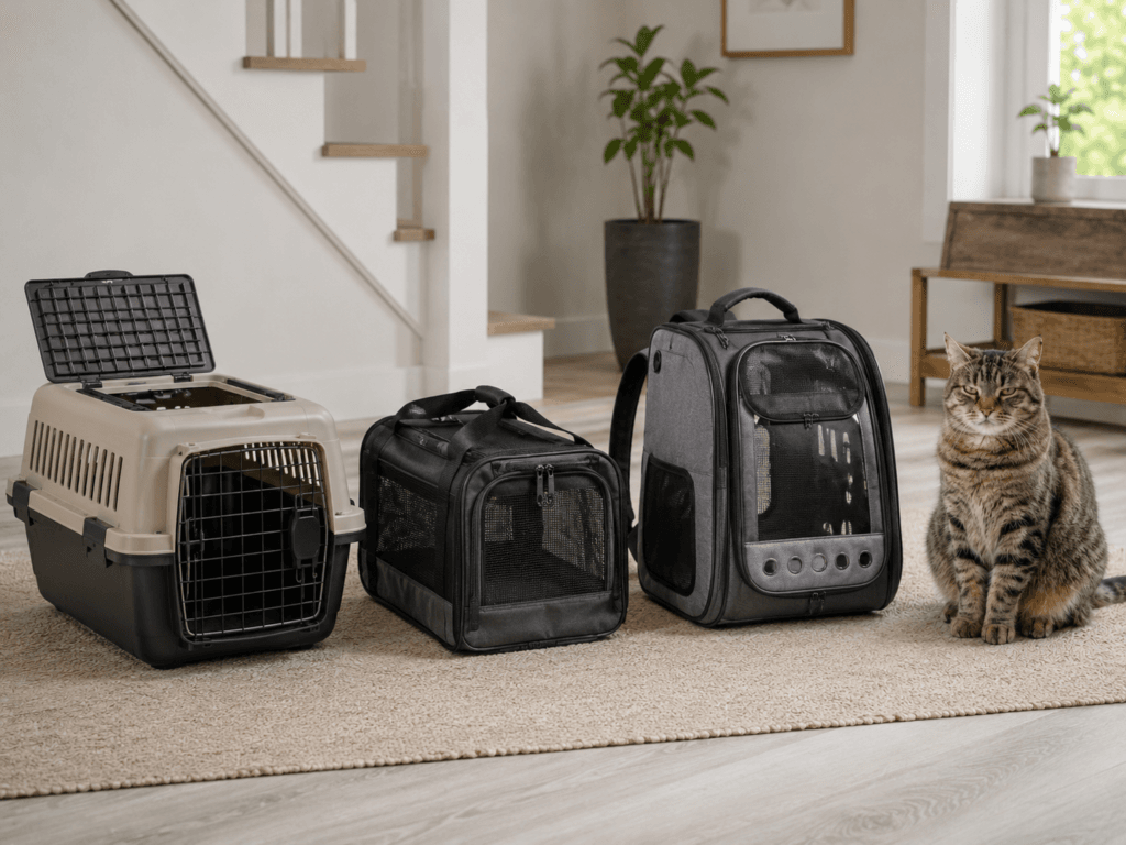 Hard-sided cat carrier, soft airline carrier and backpack carrier arranged for different types of travel.