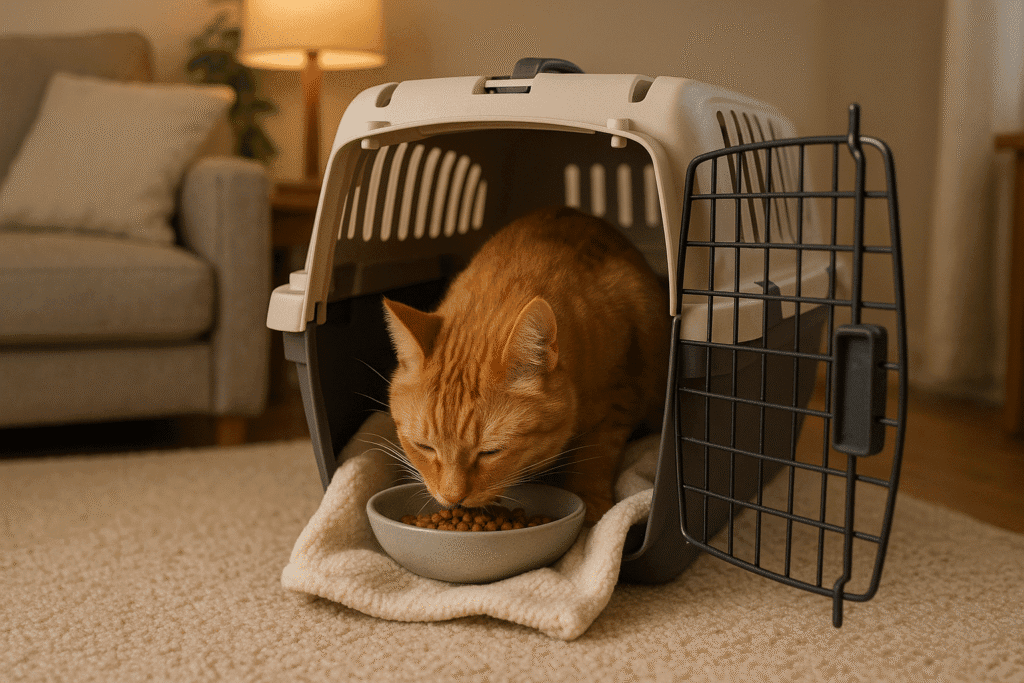 Cat eating a treat inside an open carrier during training. Kitty training recommendations 2025.