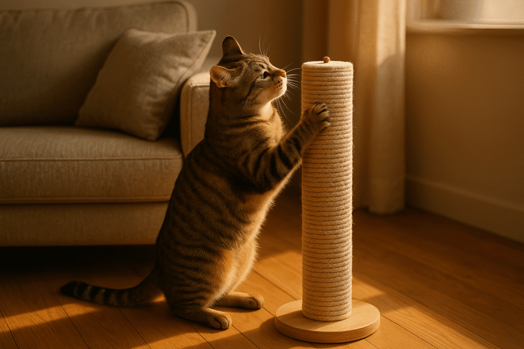 Cat scratching a tall sisal post near the couch.