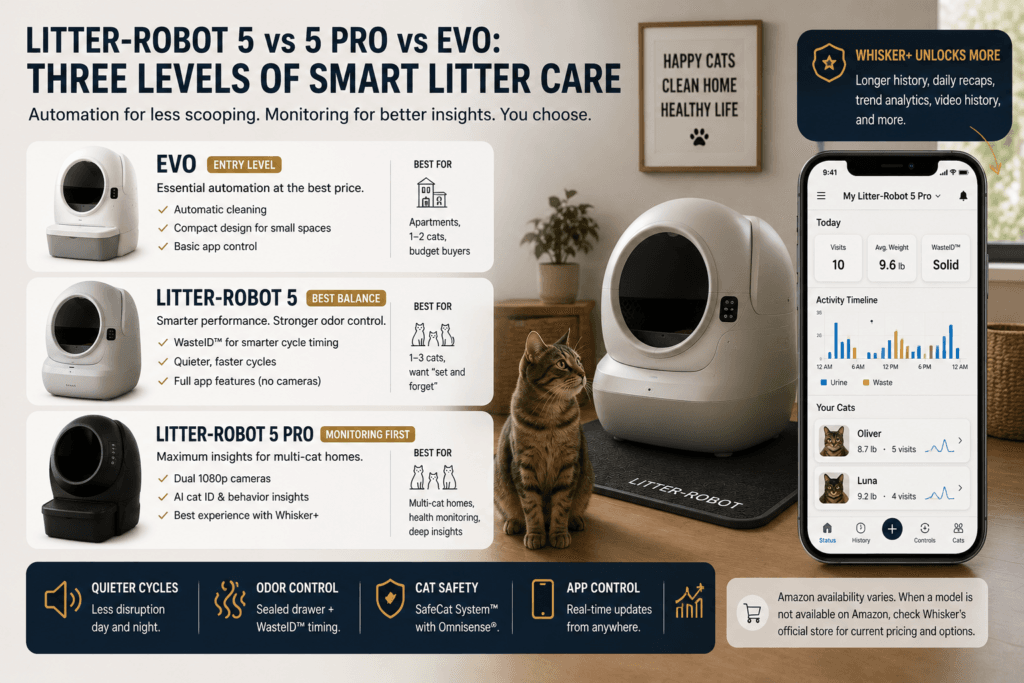 A phone showing litter box visit history and cat routine trends beside a premium automatic litter box in a clean home