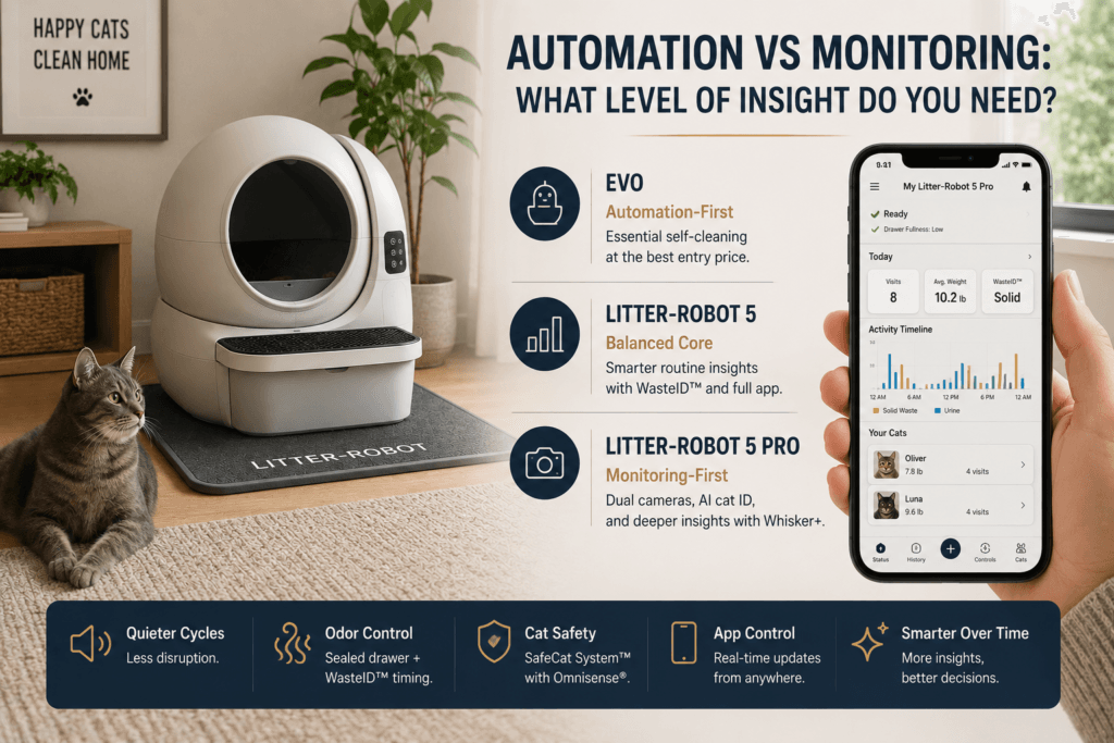 A clean litter area showing an automatic litter box beside a phone with simple routine monitoring data