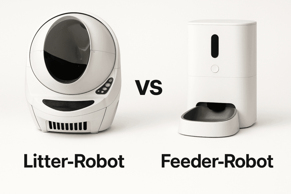 Side-by-side comparison of Litter-Robot 4 and Feeder-Robot devices.