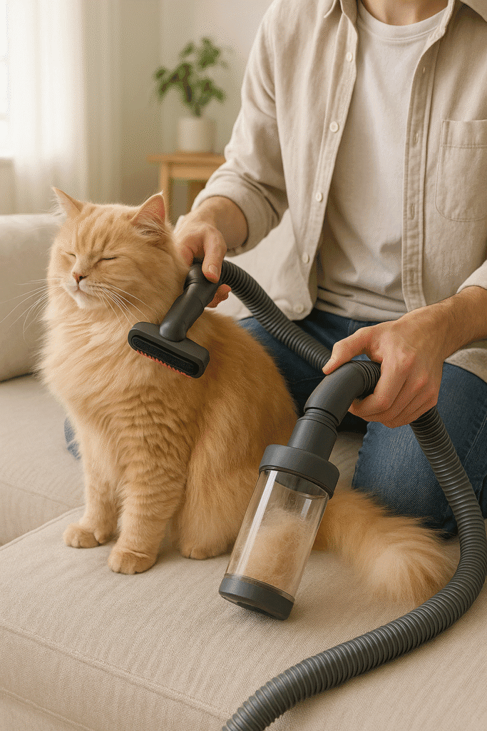 Neakasa P2 Pro vacuum-grooming a fluffy cat.