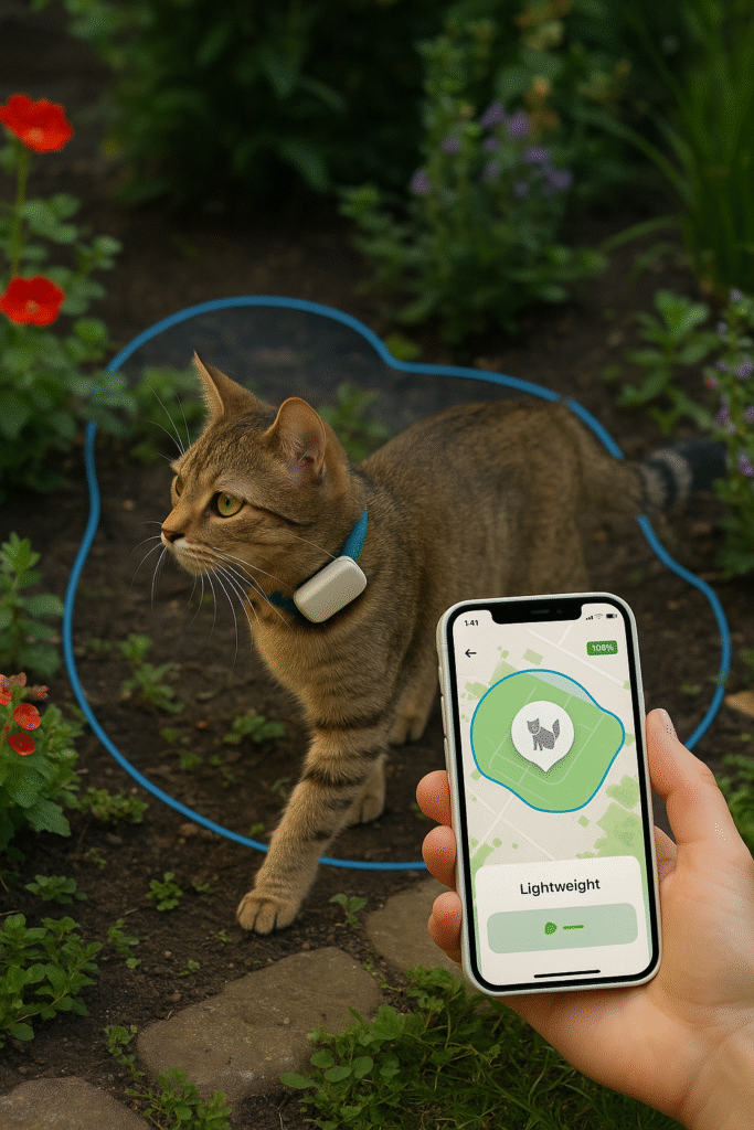 Pawfit Lite tag with geofence boundary for a small cat.