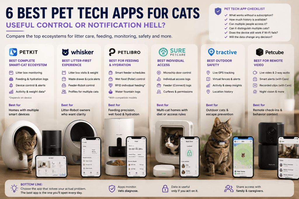 Comparison of PETKIT, Whisker, PETLIBRO, Sure Petcare, Tractive and Petcube app ecosystems
