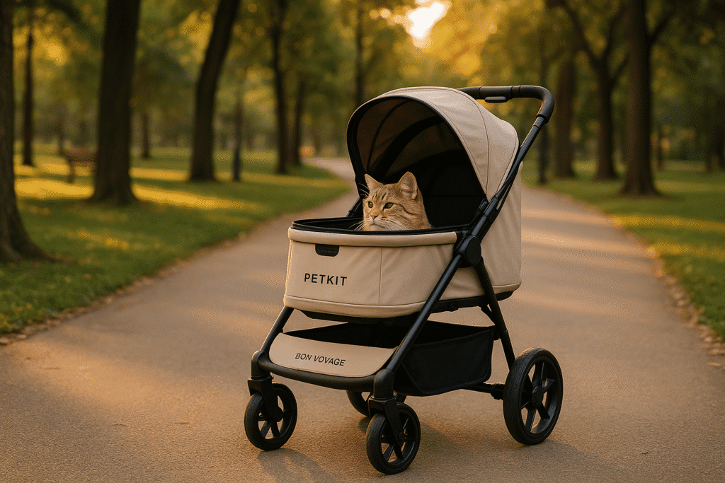Cat enjoying a calm outdoor ride in a PETKIT stroller.