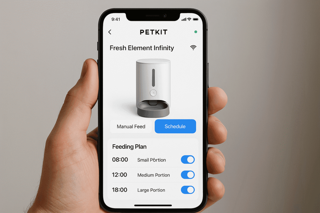 Smartphone screen displaying PETKIT app controls for the Fresh Element Infinity smart feeder.