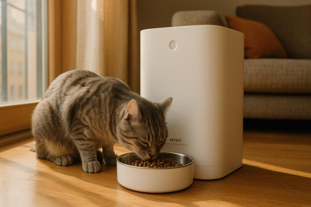 Tabby cat eating from PETKIT Fresh Element Infinity smart feeder.