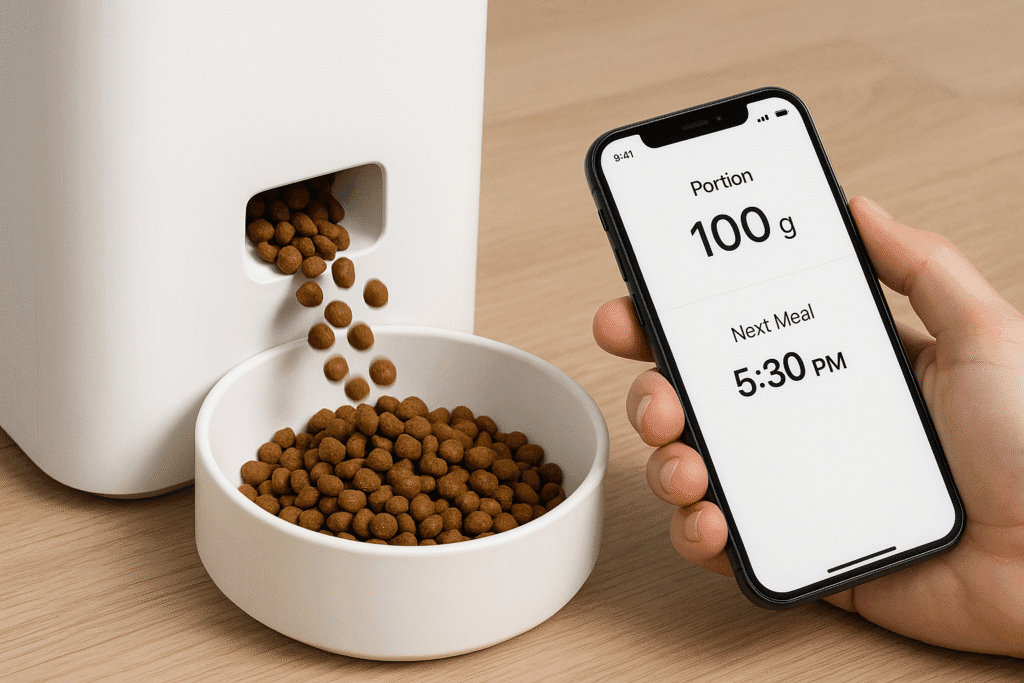 PETKIT Infinity dispensing precise grams for a scheduled meal. Smart portion control for cats 2025.