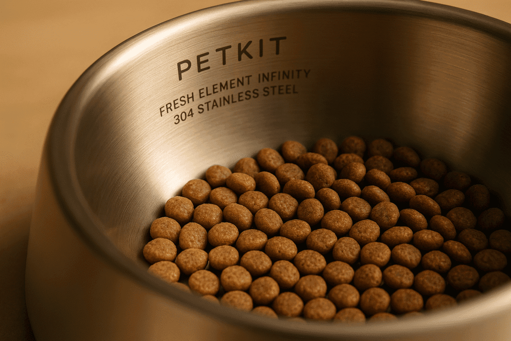 Close-up of PETKIT Fresh Element Infinity stainless bowl filled with cat kibble.