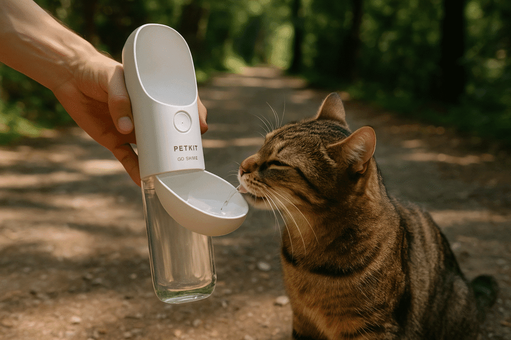 Portable water bottle hydrating a cat during travel.