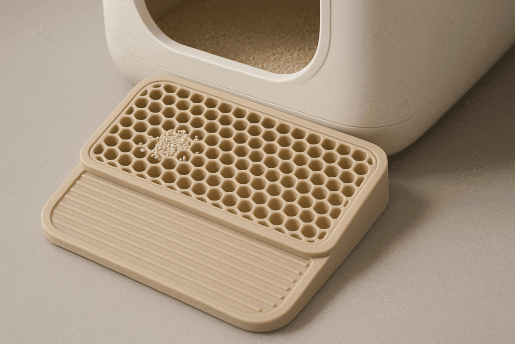 PETKIT litter ramp catching granules to support calm, tidy exits. Cat training aids 2025.