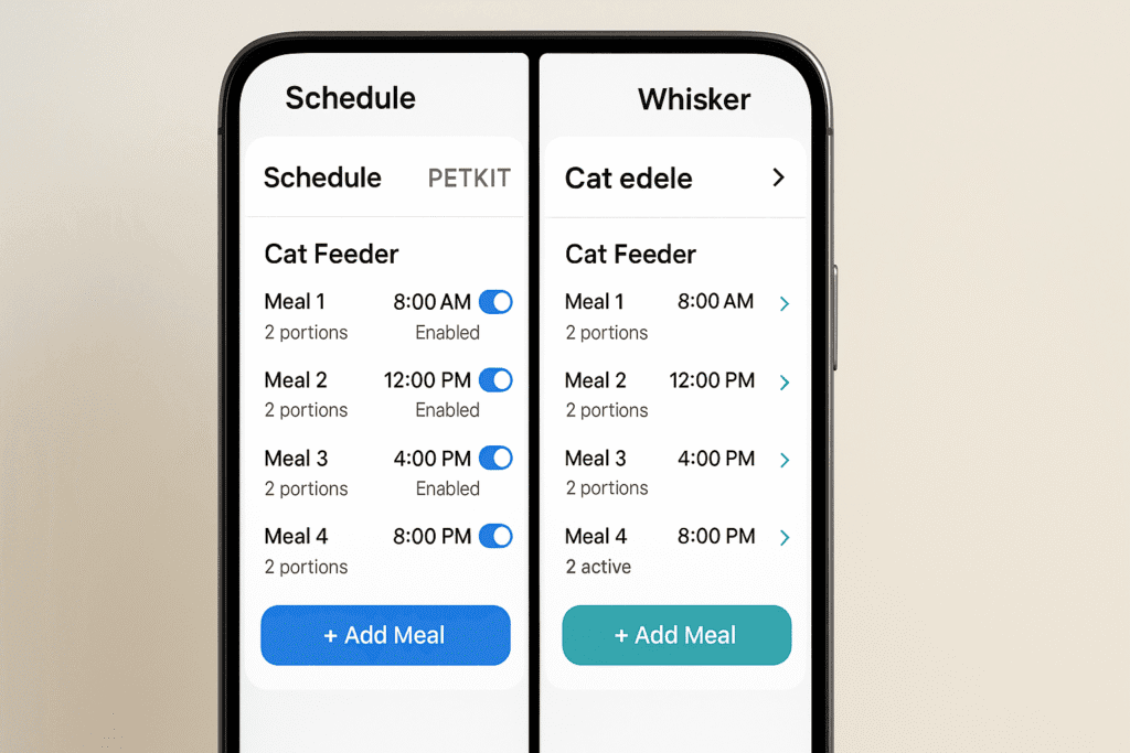 PETKIT and Whisker apps showing feeding schedule comparison.