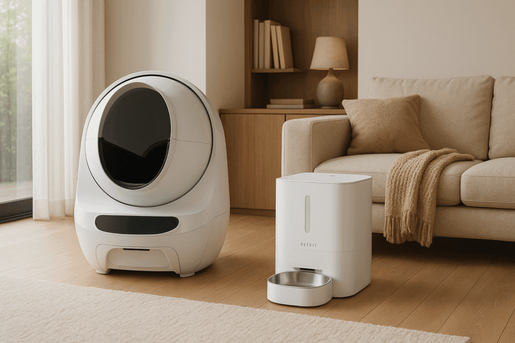 Home setup showing PETKIT Fresh Element Infinity vs Feeder-Robot 2025