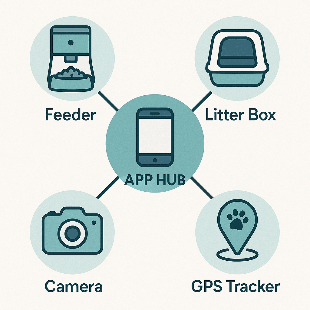 Infographic of a cat care app connecting feeder, litter box, camera, and GPS. PetTech apps 2025.