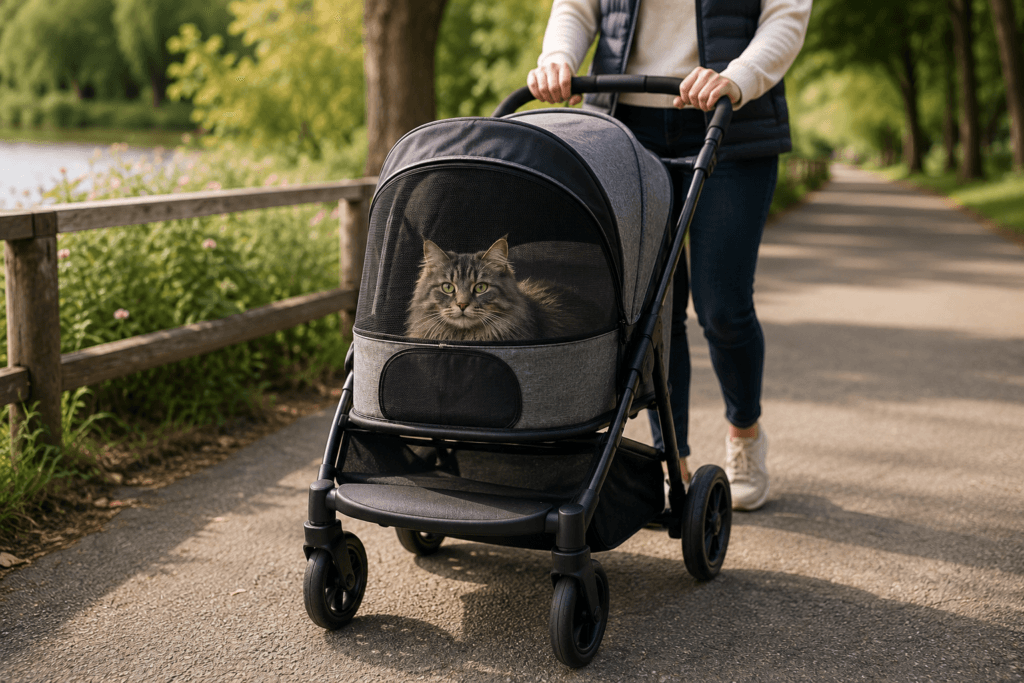Senior cat riding in an enclosed pet stroller during a quiet outdoor walk.