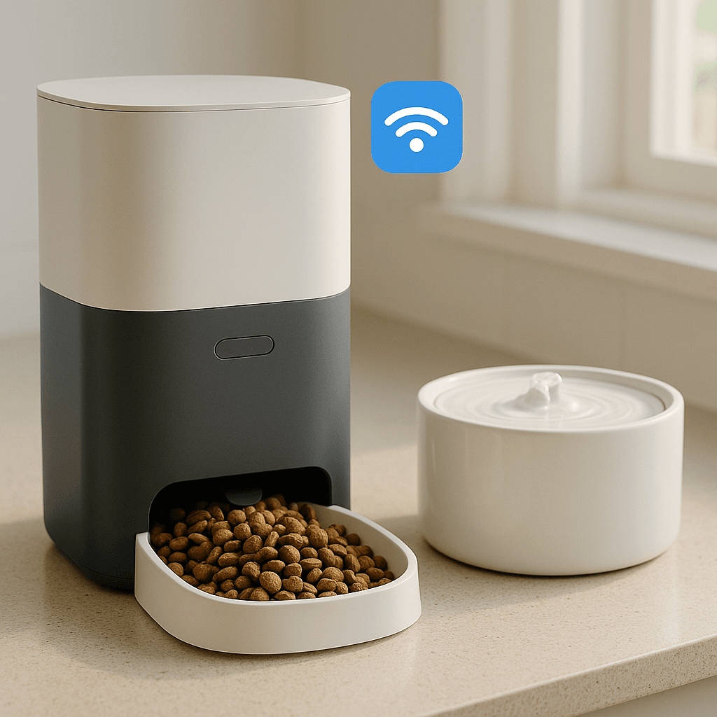 Smart feeder and fountain setup for apartment living.