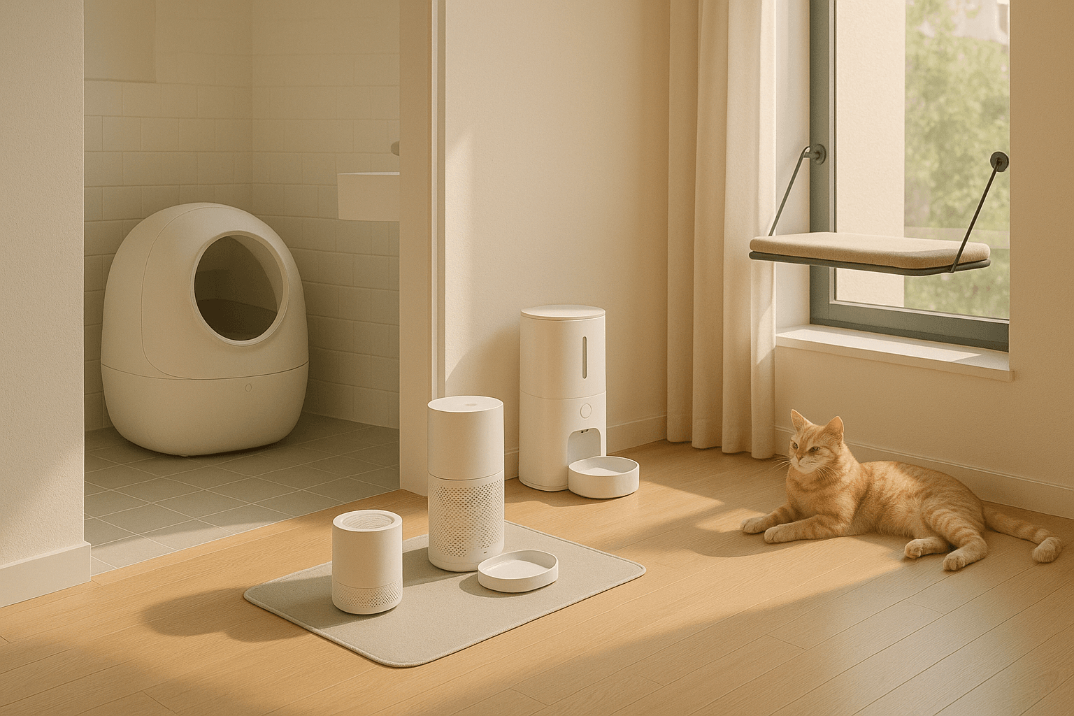 Cat in a studio apartment with smart litter box, purifier, feeder, and fountain.
