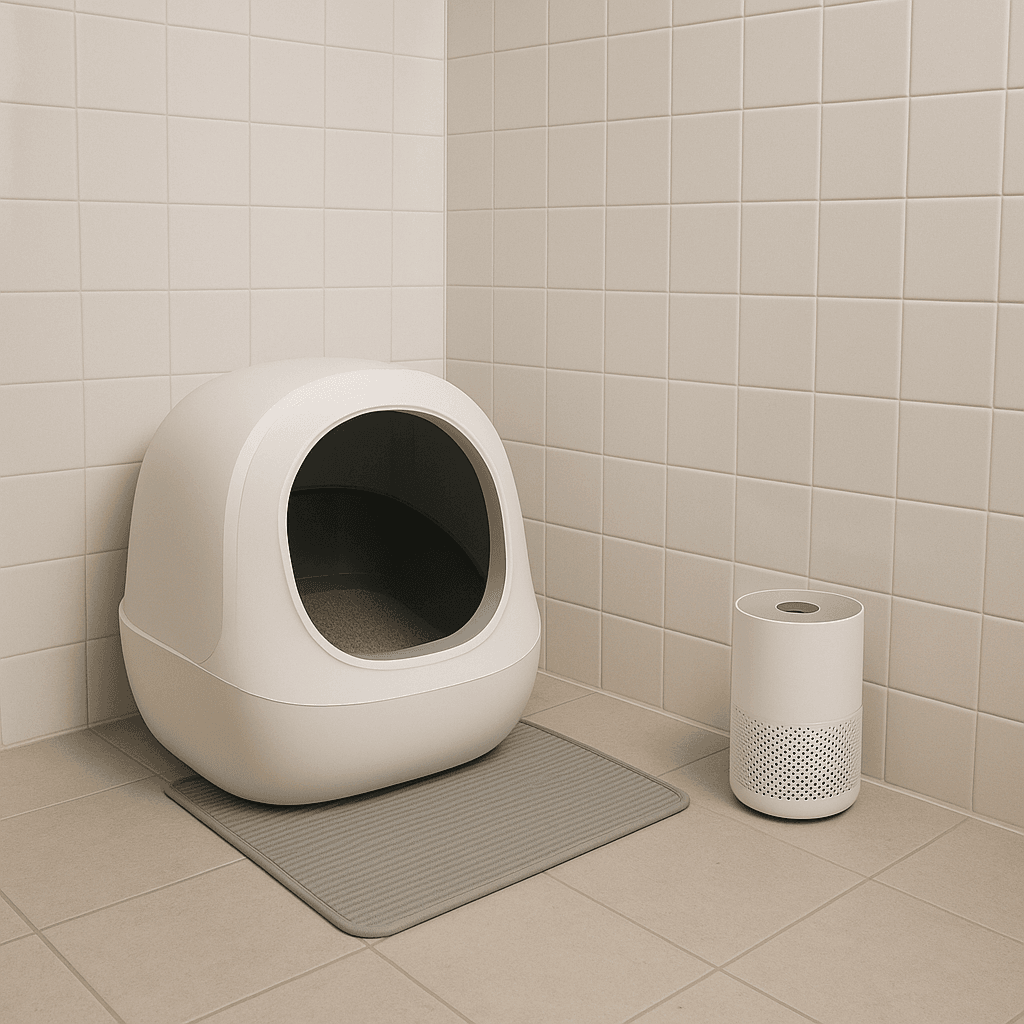 Apartment litter corner with HEPA purifier.