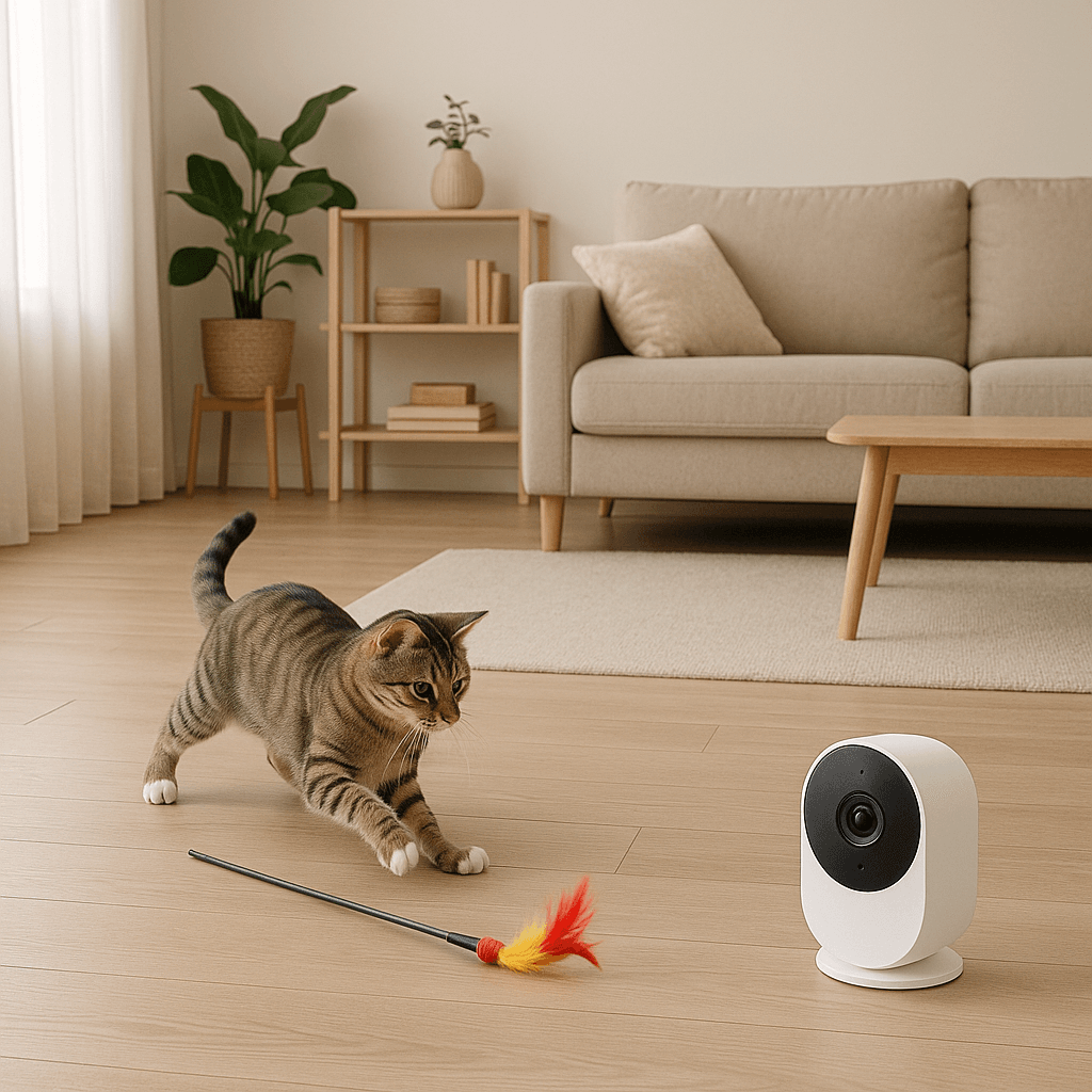 Apartment play session with indoor camera view. Smart apartment for cats.