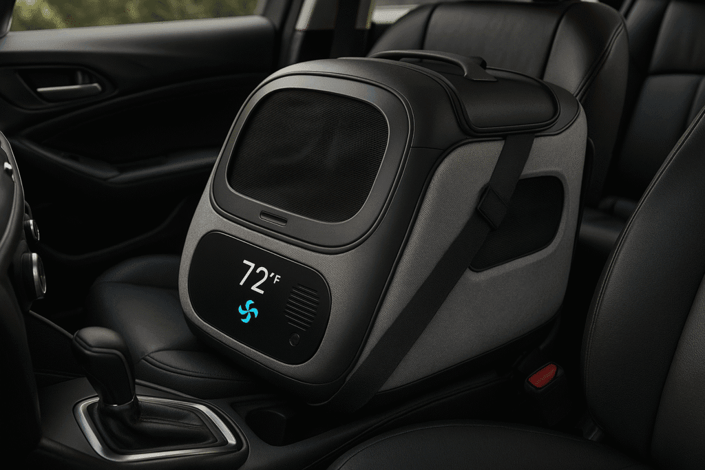 Smart pet carrier with climate readouts secured on a car seat.