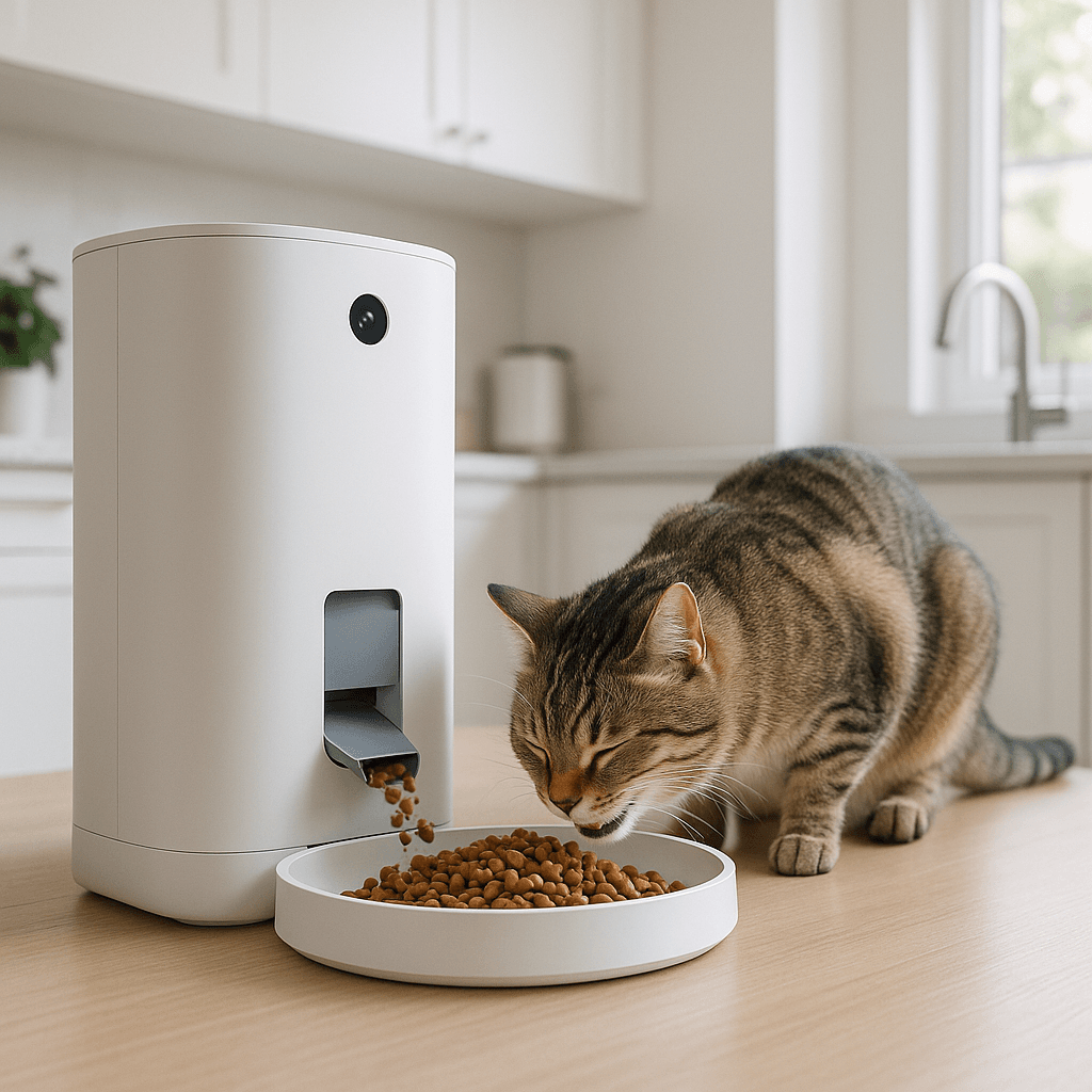 Smart automatic cat feeder dispensing food to a cat in 2025 (smart cat technology 2025)