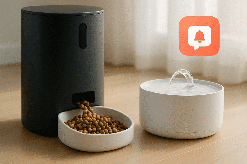 Smart feeder and fountain placed for routine hydration.