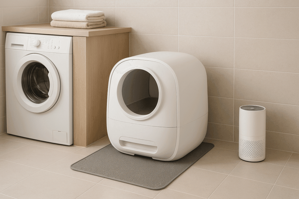 Litter corner with purifier for odor and dust control.