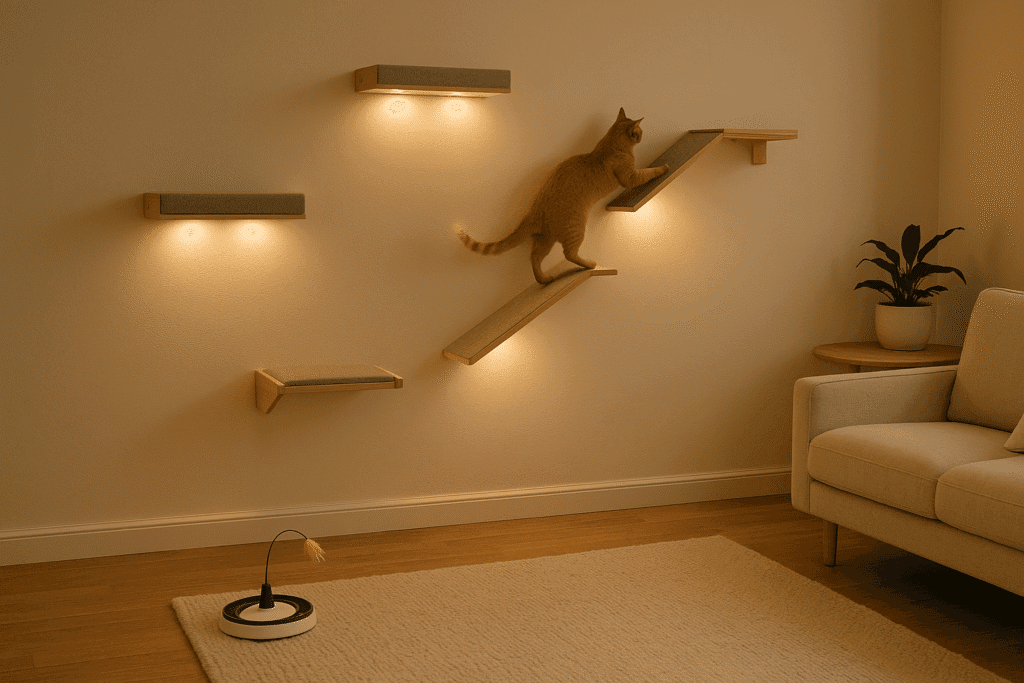 Vertical play shelves with gentle lighting in a smart cat spaces.
