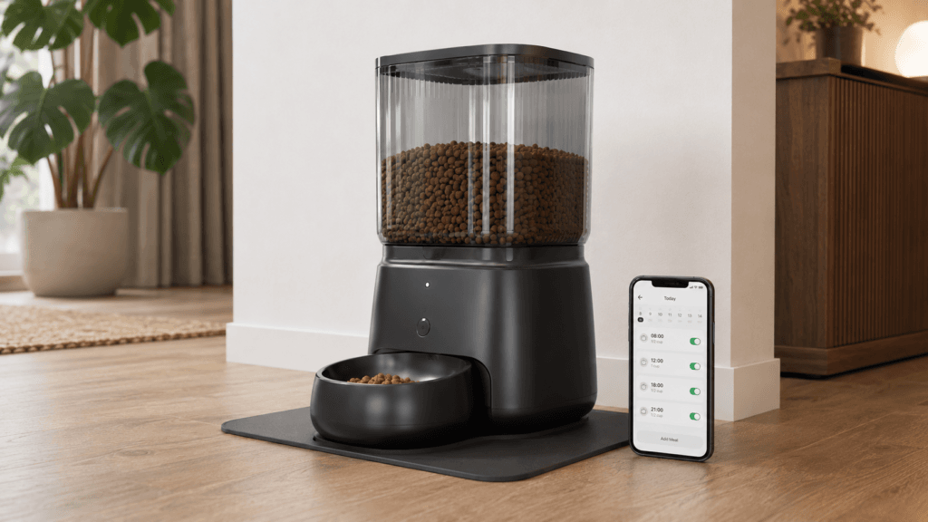 Automatic dry-food feeder beside a smartphone displaying scheduled meals