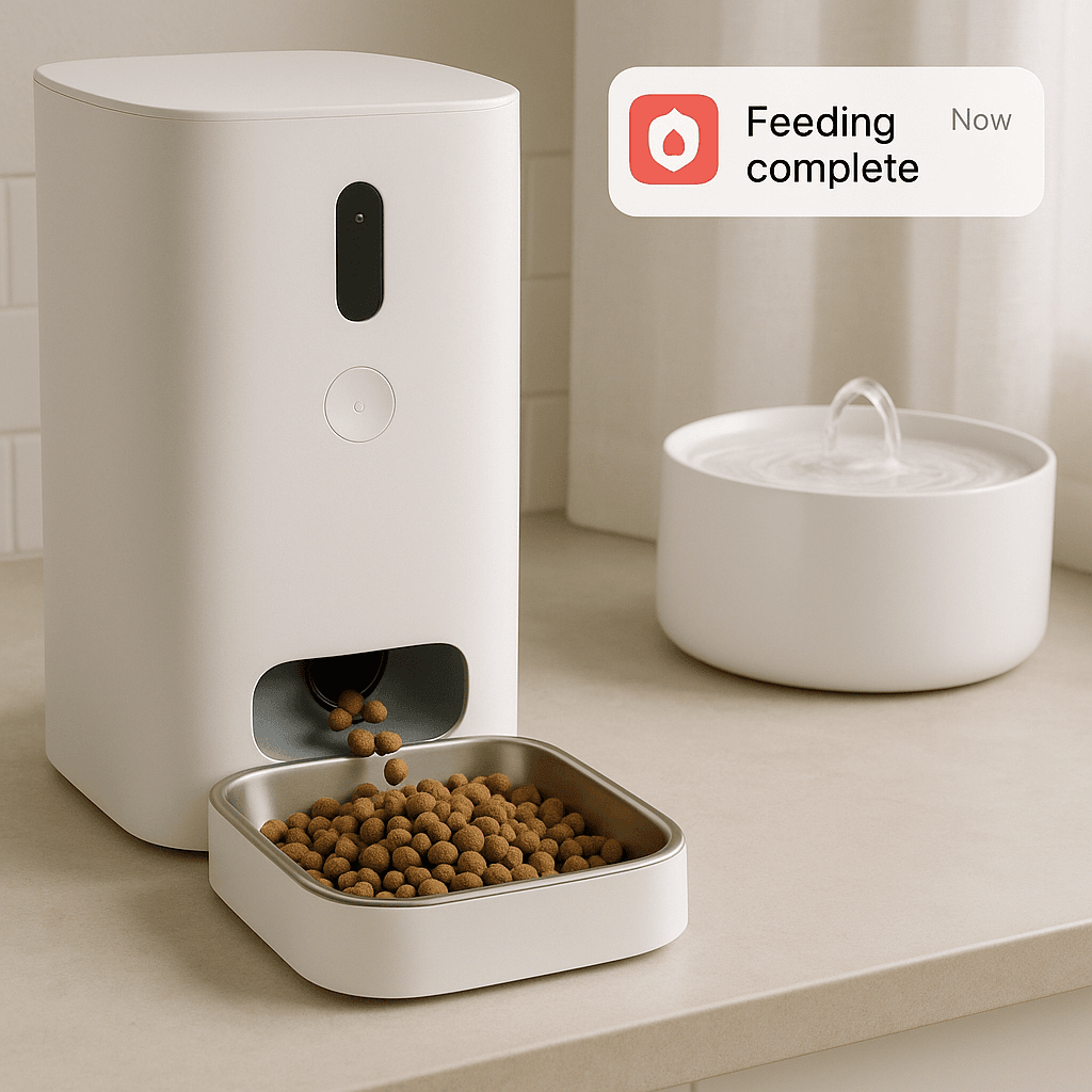 Smart feeder dispensing food next to a quiet cat fountain. Smart home for cats.