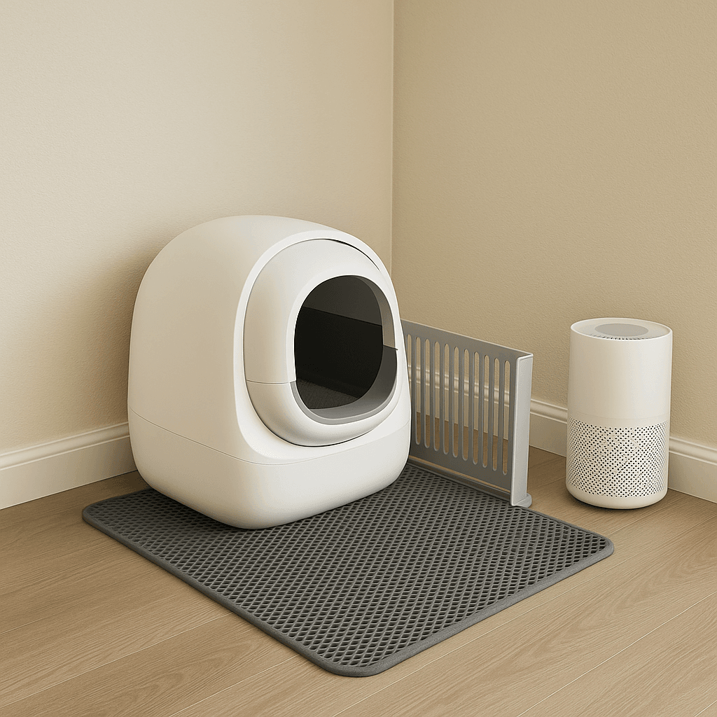 Self-cleaning litter box with mat and HEPA purifier in a tidy corner.