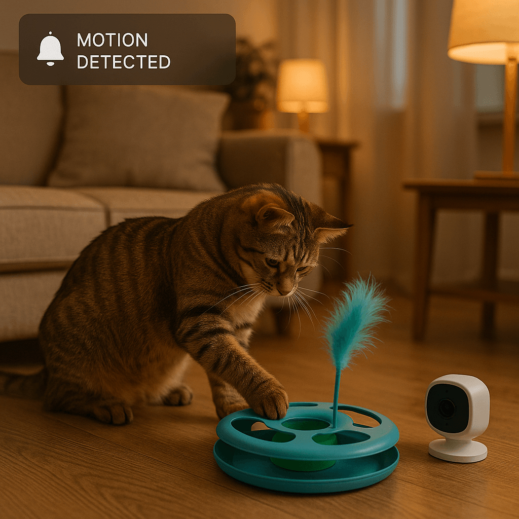 Cat plays with interactive toy while an indoor camera monitors.