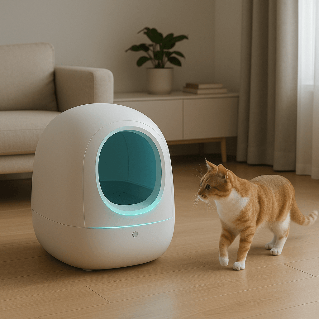 Smart litter box for cats glowing in a modern living room, 2025.