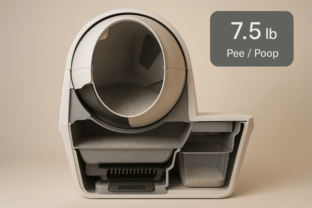 Litter box with built-in scale tracking weight and events.