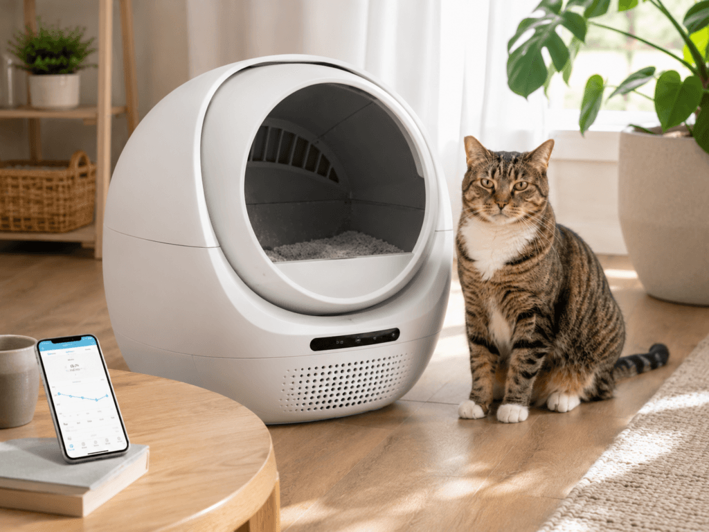 Cat beside a self-cleaning litter box with app-based weight tracking and monitoring features.