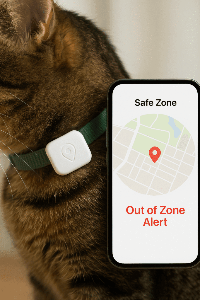 Tractive CAT Mini with app showing virtual fence alert.