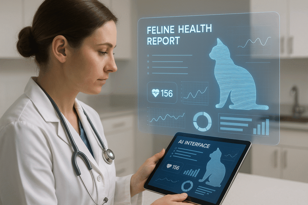 A veterinarian reviewing an AI-generated cat health report on a tablet, with digital charts showing data-driven insights for feline care.