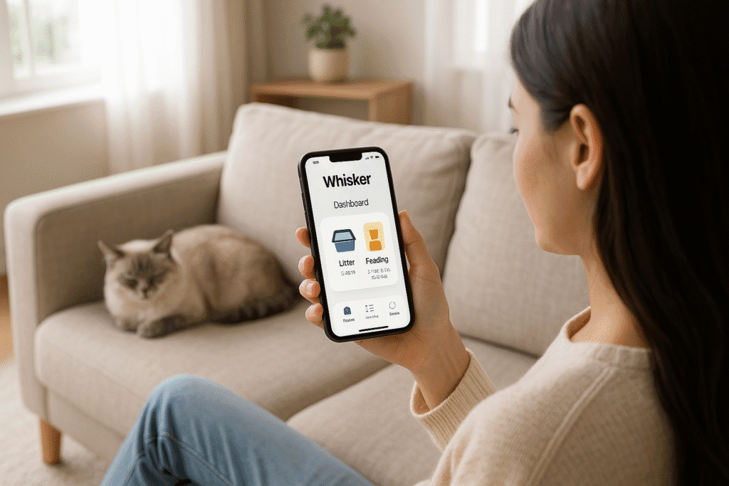 Cat owner checking Whisker app dashboard for litter and feeding updates.