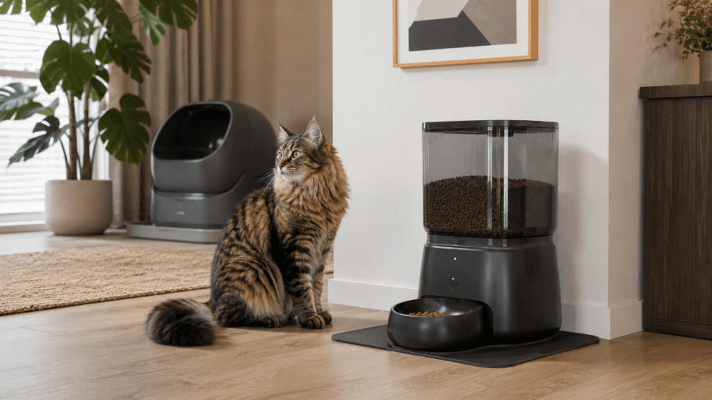 Cat sitting between an automatic feeder and a self-cleaning litter box