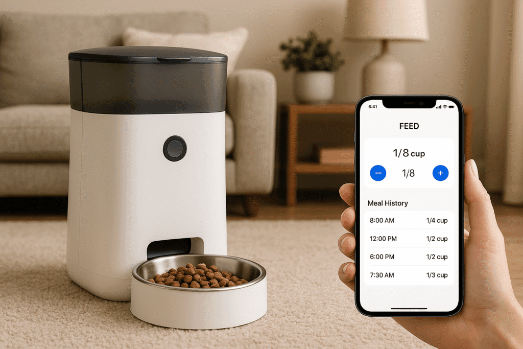 Feeder-Robot app showing precise increments and logs.