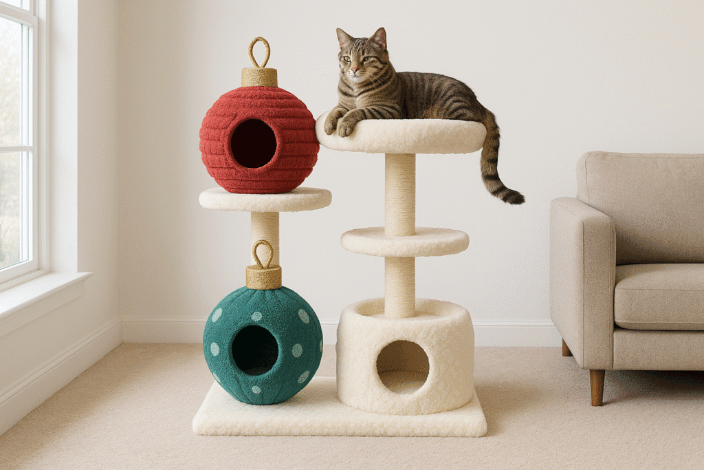 tabby lounging on 52 inch christmas cat tree with ornament hideouts