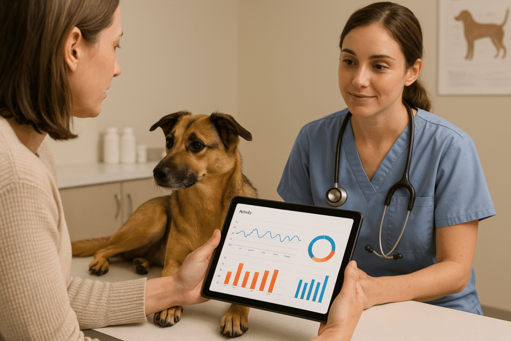 Owner sharing AI nutrition app charts with a veterinarian.