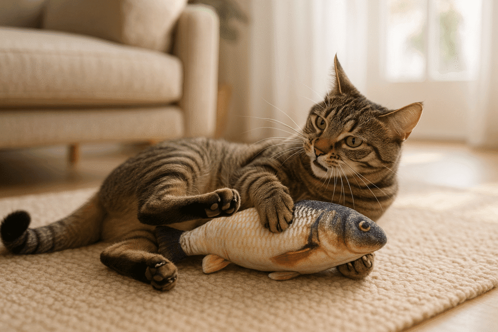 Cat rabbit-kicking a plush catnip fish toy.