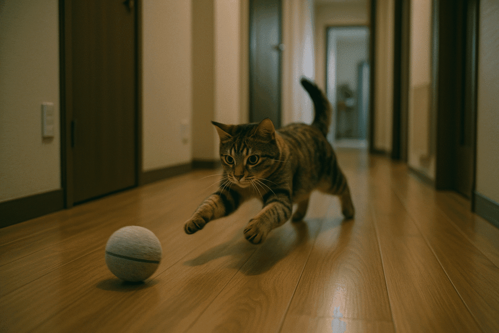 Cat chasing a motion-activated rolling ball toy.