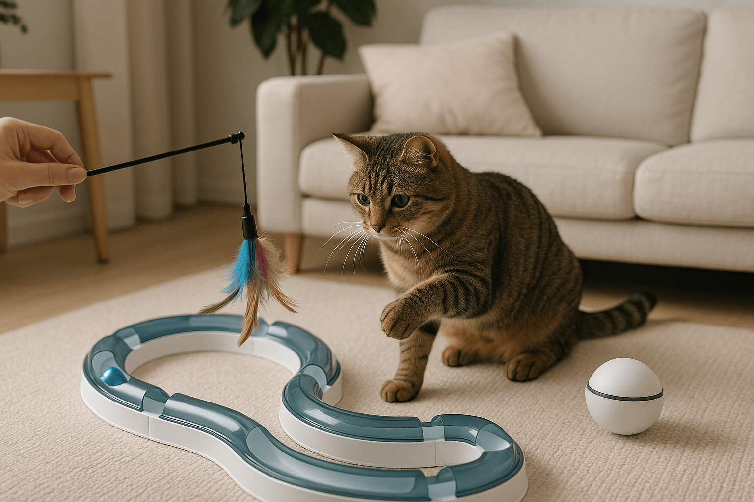 Indoor cat playing with multiple modern cat toys in a smart home living room