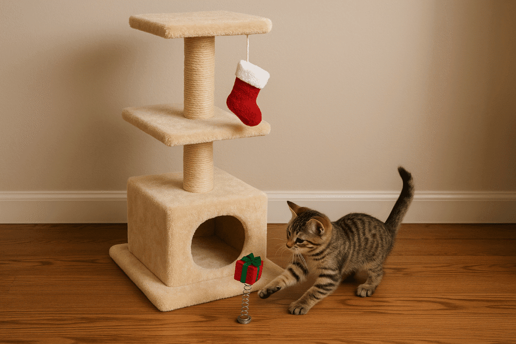 kitten playing with santa sock toy on small christmas cat trees 2025.