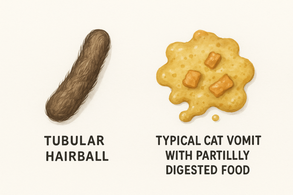 Infographic comparing a cat hairball with typical vomit after eating